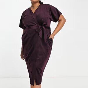 Closet London  PLUS SIZE kimono sleeve velvet midi dress wrap tie in plum purple